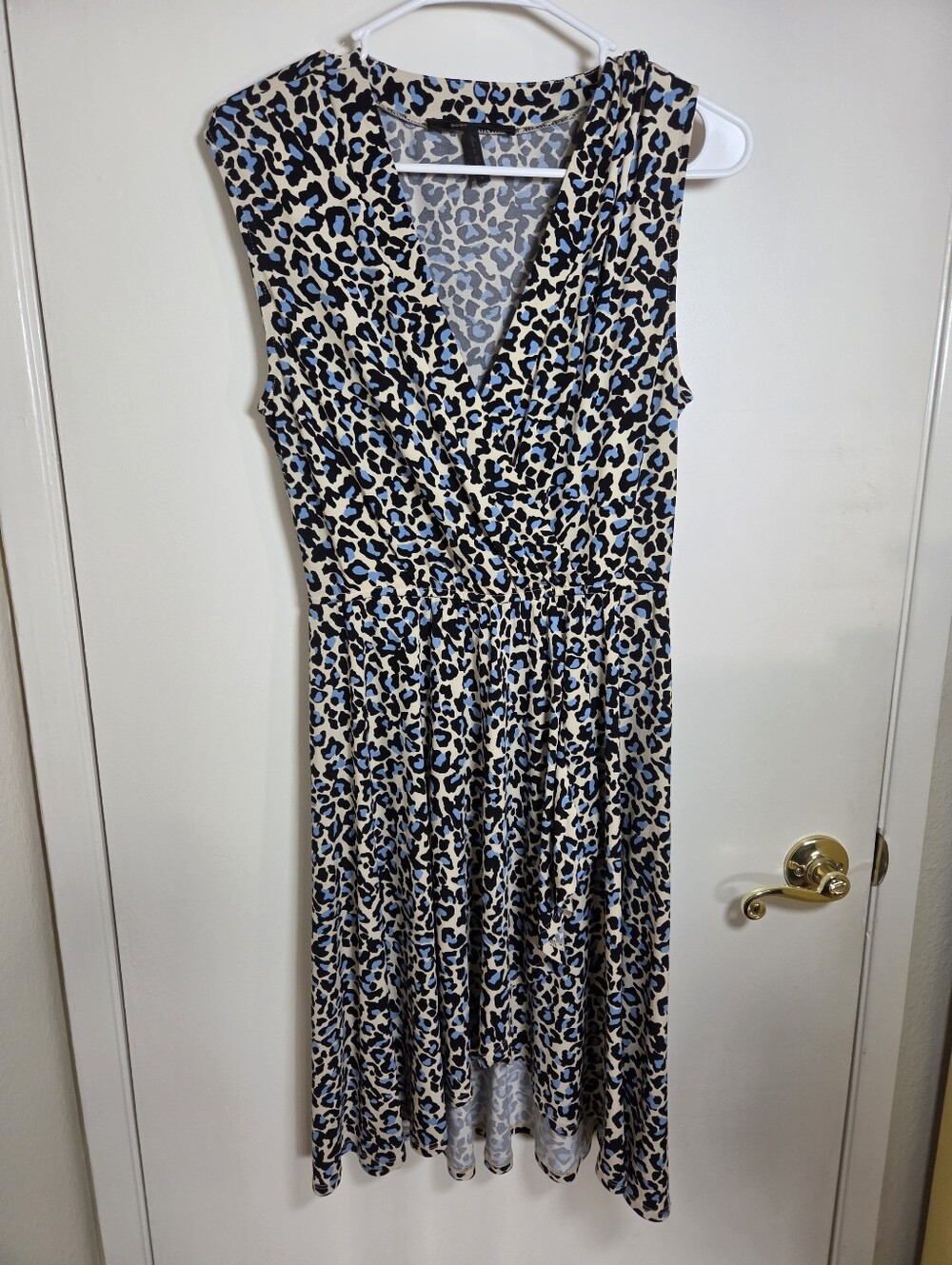 BCBG Womens Sz S MaxAzria High Low Wrap Leopard Print Dress Cadet Blue Mobwife